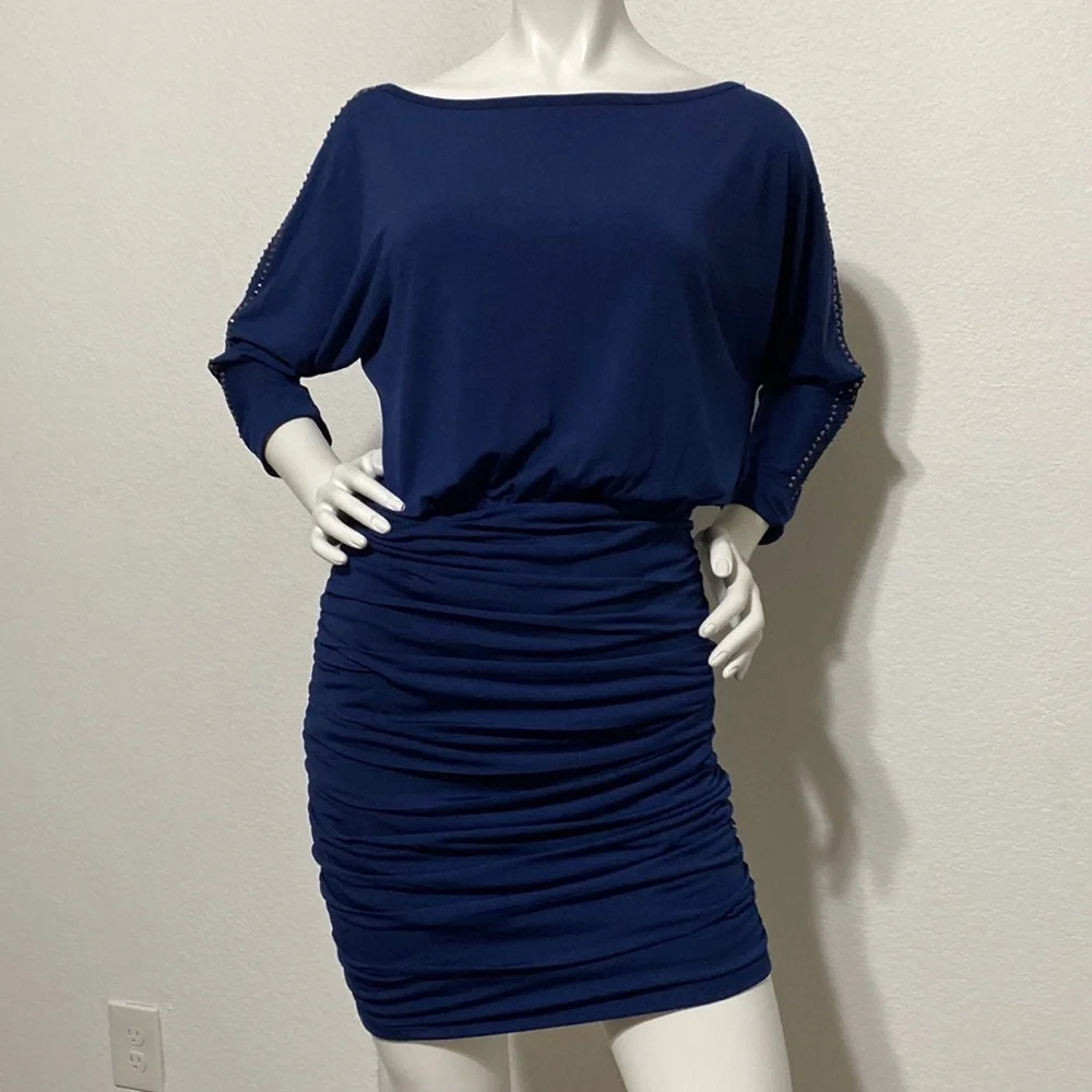 Niki Biki Blue Embellished Ruched Blouson Mini Dress Long Sleeve Size Large